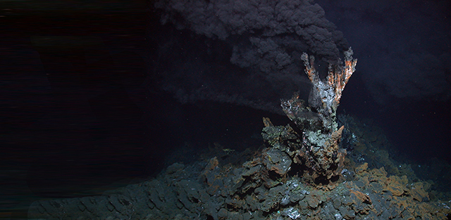 “Black Smoker” - active hydrothermal vents emitting sulphide. Credit: MARUM Forschungszentrum Ozeanrander, Universitat Bremen, https://picasaweb.google.com/109421560750700623225/BlackSmoker
