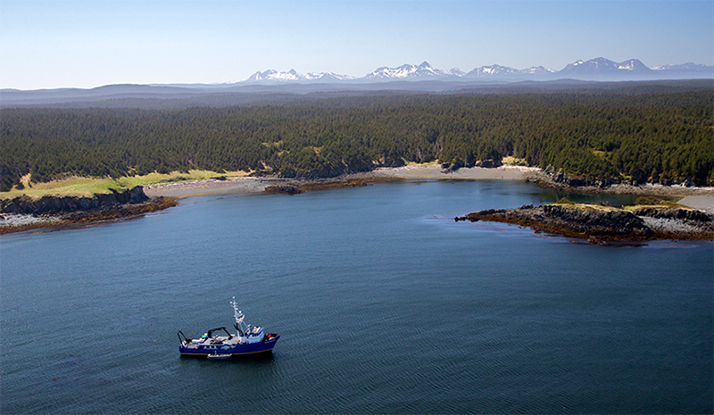 The GYRE expedition traveled from Seward in southern Alaska and headed southwest for about 300 miles. Here, the expedition vessel Norseman sails into Wonder Bay. Photo © Kip Evans — GYRE