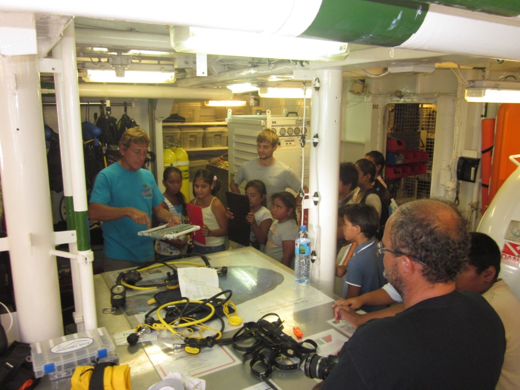 School children learn about survey tools onbaord the Golden Shadow