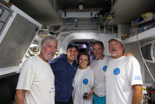 Aquanauts Fabien Cousteau,  Kip Evans and Mark Hulsbeck with Sylvia & Jean-Michel (c) Kip Evans Photography / Mission 31