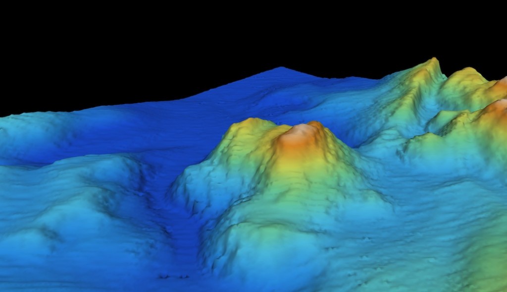 Shark seamount looking west. There are hundreds of thousands of seamounts on the seafloor; only a small portion have been accurately mapped and even fewer have been fully explored. Mapping data provided by USGS.