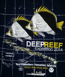 The design of this year’s Mesophotic cruise T-Shirt features the Tinker’s Butterflyfish (Chaetodon tinkeri). Photo by Richard Pyle, T-Shirt design by NOAA.