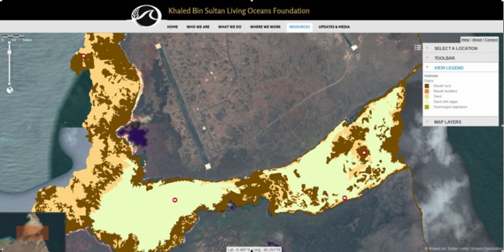Example of the benthic habitat map from the south of Baltra, The Galapagos Islands viewed within the Khaled Bin Sultan Living Oceans Foundation World Web Map. Image courtesy KSLOF.