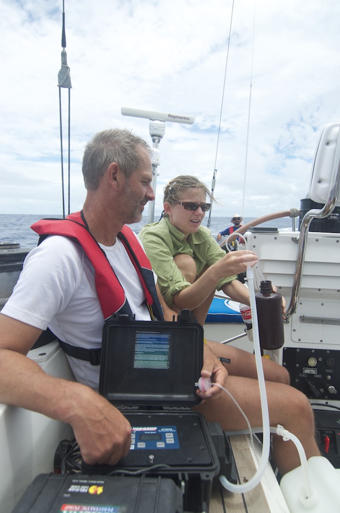 Jacob Senstius and Gayle Philip take some samples aboard S/Y Indigo V. © Rachelle Lauro 