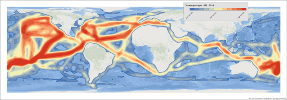 World Cruising Routes. Every day there are thousands of vessels cruising the oceans. With the help of cruisers worldwide, we can collect vast amounts of data that will help us better understand ocean health. Data from: pangolin.co.nz. Figure courtesy Jacob Senstius.