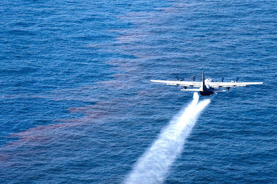 A U.S. Air Force Reserve plane sprays Corexit dispersant over the Deepwater Horizon oil spill in the Gulf of Mexico on May 5, 2010.