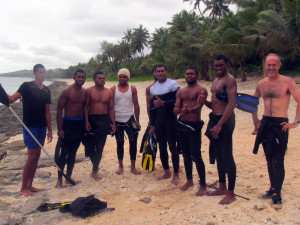 Namada Village youth club representative and Reef Explorer project team members rally for a photo after establishing a new coral nursery in their village no-take marine protected area - Wame, Nacanieli, Joji, Waisea, Rosova, Samu, Navitalai, Walai, and Victor (From left to right). Image © Reef Explorer Fiji, Ltd.