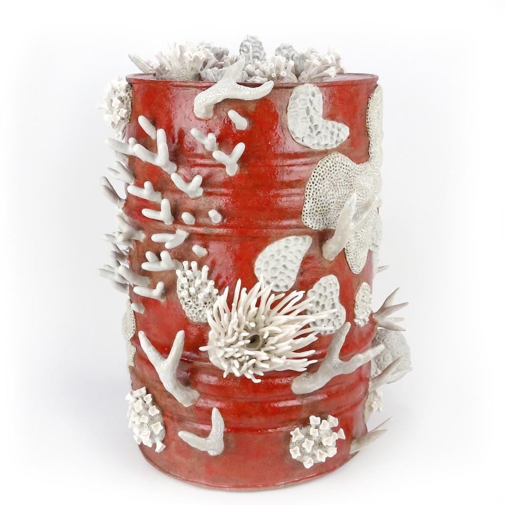 fossil fuels: oil drum I • 2015 • glazed stoneware + porcelain • 24.5 x 24 x 21 in • image © courtney mattison
